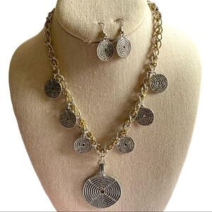 Silver Tone with Gold Tone Disk Necklace & Pierced Earring Set